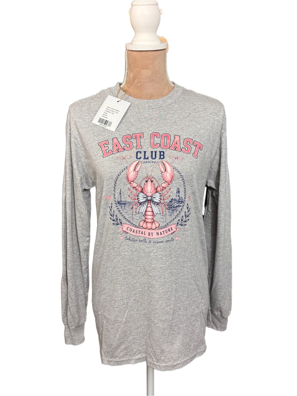 East Coast Club Preppy Lobster Long Sleeve T-Shirt in Gray Womens Small New Top - Picture 3 of 7